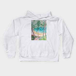 An abstract watercolour and pencil depiction of a green lake. Kids Hoodie